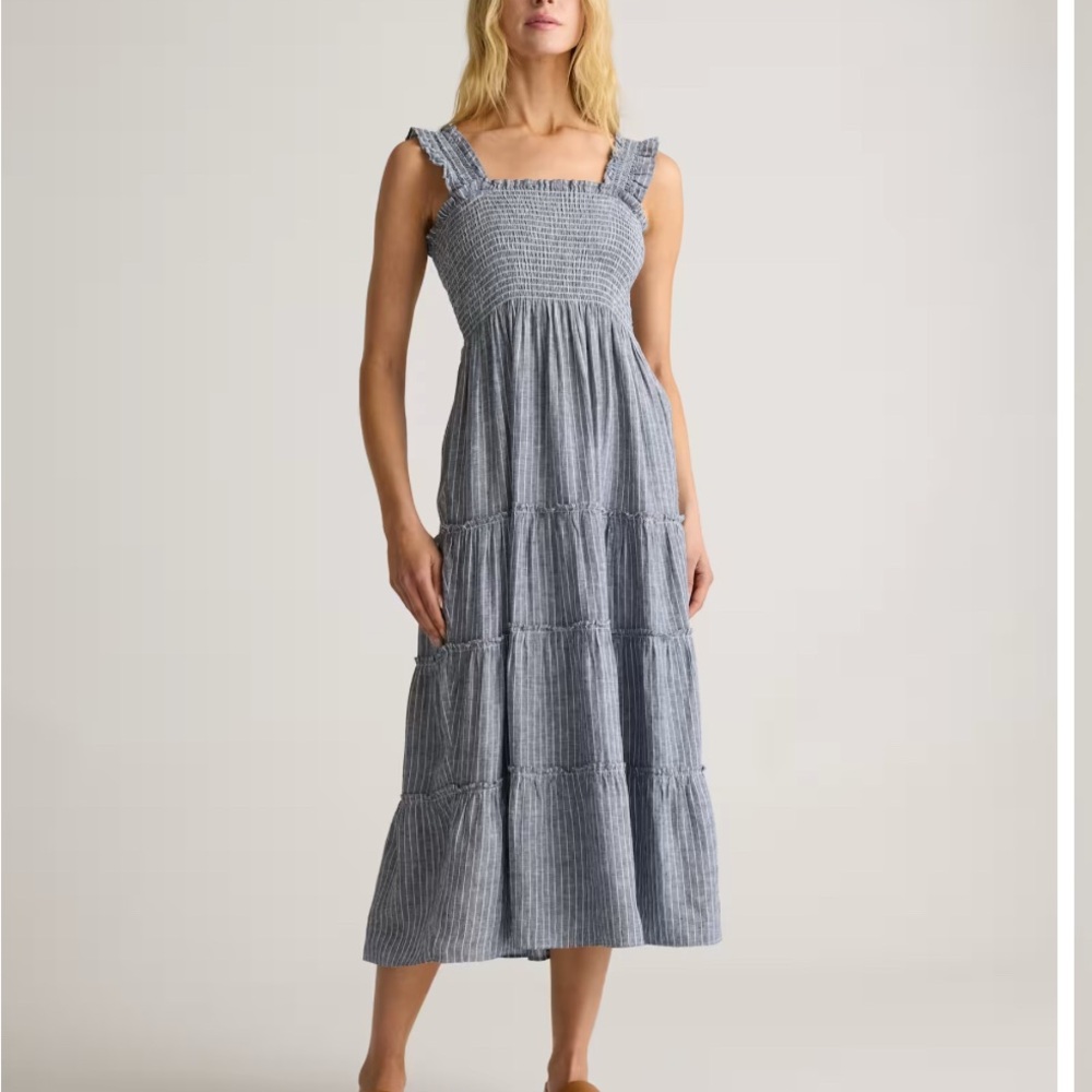 Quince Linen Blue Striped Midi Dress